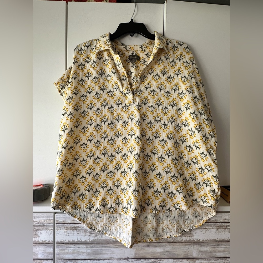 🌼 Style & Co XL Yellow Floral 100% Cotton Button Down Hi-Low Shirt